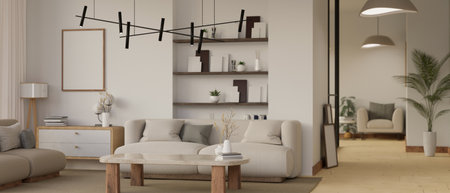 Interior design of a modern contemporary white living room with cozy sofa, coffee table, stylish...