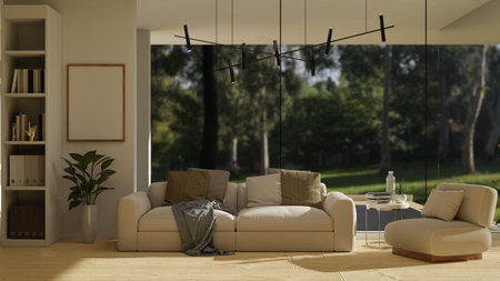 Interior design of a modern stylish living room with large glass window with nature view,...