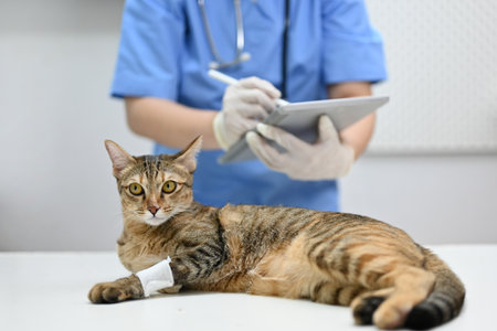 An injured, cute cat is being checked up by a professional veterinarian in an examination room at a vet clinic.の写真素材