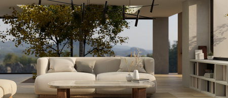 Copy space on a coffee table in a modern contemporary living room with indoor tree, comfortable...