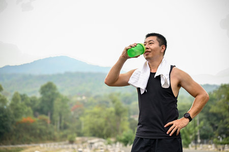 Sweaty and thirsty mature Asian man in sportswear drinks water from a bottle after running in a park. Exercise and leisure conceptの写真素材