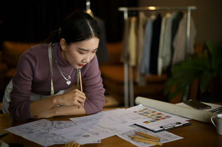Professional Asian female fashion designer or tailor focuses on designing and sketching new costume...
