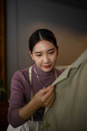 Portrait, A beautiful young Asian female fashion designer checking fabric on her new sample on a mannequin in her workshop studio.の写真素材