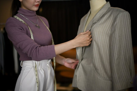 Cropped image, Professional Asian female fashion designer or tailor measuring her suit model on a mannequin with measuring tape, working in her studio.の写真素材