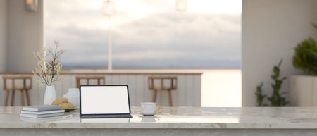 Minimal white workspace with tablet white screen mockup, coffee cup, books, flower vase and copy space on marble tabletop over blurred bright room background. 3d render, 3d illustrationの写真素材