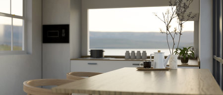 Close-up image of copy space on a wooden dining table with coffee pot, coffee cup, and flower vase in a modern white kitchen. 3d render, 3d illustrationの写真素材