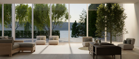 Interior design of a modern contemporary spacious lounge with amazing large glass wall with nature...