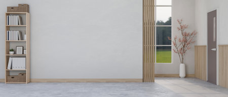 Interior design of a minimal Scandinavian room with empty space against the white wall. Empty living...