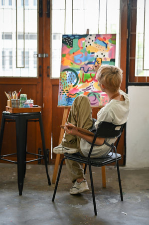 Back view. A talented young Asian queer artist sits on a chair and paints his picture on a canvas easel with watercolors in the studio.の写真素材