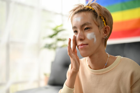 A happy young Asian gay man is applying sunscreen or moisturizer on his face before make-up at home. LGBTQ+ lifestyle conceptの写真素材