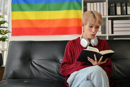 A joyful young Asian gay man enjoys reading a book on the sofa in his modern living room with an LGBT rainbow flag behind him.の写真素材