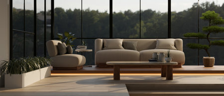 Interior design of a modern luxury living room or lounge with comfortable couch, coffee table,...