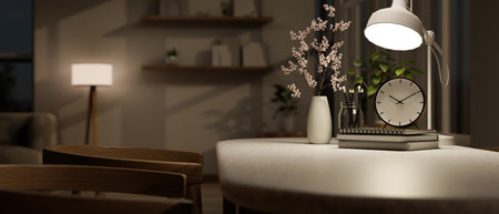 Close-up image of a tabletop with an alarm clock, flower vase, books, table lamp and decor in a dark living room at night. 3d render, 3d illustrationの写真素材
