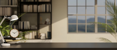 Modern workspace mockup, copy space for montaging your product display on a dark tabletop with an...