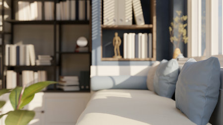 Rear view close-up image of a comfortable white couch with comfy blue cushion pillows near the large bookshelf in a modern contemporary living room. 3d render, 3d illustrationの写真素材