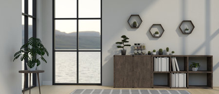 Interior design of a cozy minimalist living room with wooden cabinet and shelf, indoor plants,...