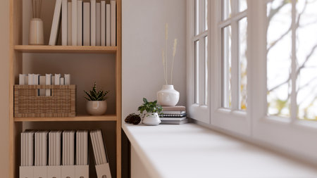 Rear view close-up image of a copy space on a white tabletop against the window, wooden shelf and decor in a minimalist white room. 3d render, 3d illustrationの写真素材