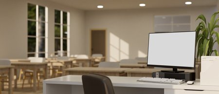 A computer white screen mockup on a desk in a modern minimalist classroom. teacher desk in a class room. 3d render, 3d illustrationの写真素材