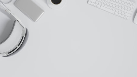 Top view of workspace with vr glasses, computer keyboard with copy space. 3d render, 3d illustrationの写真素材