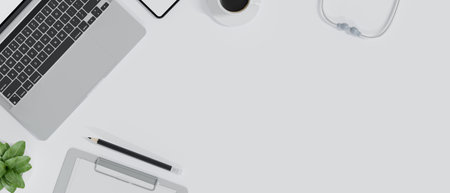 Top view of white doctor workspace with office supplies and copy space. 3d render, 3d illustrationの写真素材
