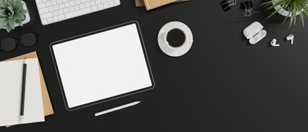 Top view of a stylish black office desk with digital tablet white screen mockup, stylus pen, coffee cup, keyboard, earbuds, stationery, and decor. 3d render, 3d illustrationの写真素材