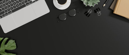 Top view, Modern creative office desk with laptop, eyeglasses, coffee cup, stationery, potted plant, and copy space on black background. 3d render, 3d illustrationの写真素材