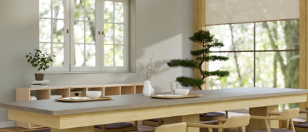 Interior design of a dining room in minimal Japanese style, large wooden dining table, wooden chairs, seating space on tatami floor, and bonsai tree. 3d render, 3d illustrationの写真素材