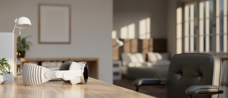 Close-up image of a modern VR goggles on a working table in a minimalist bedroom. Virtual reality gadgets, VR gaming concept. 3d render, 3d illustrationの写真素材