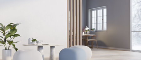 Interior design of a minimal white living room with poufs, table, indoor plant, and decor. 3d...