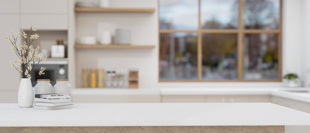 Copy space for product display on a white kitchen tabletop in a modern white kitchen. blurry background. 3d render, 3d illustrationの写真素材