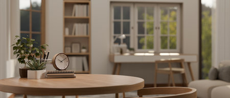 Close-up image of a minimal wooden round table in a minimalist living room with books, potted...