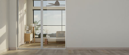 Interior design of a beautiful minimalist living room with large glass door and empty mockup space...
