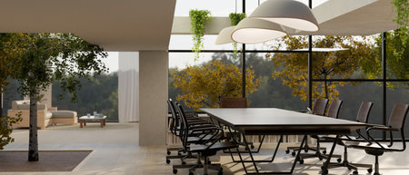 Interior design of a modern, eco-friendly, spacious meeting room with a modern dark meeting table,...