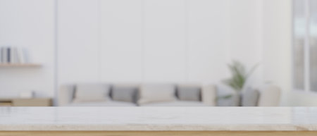 Close-up image of an empty mockup space for your product display on a tabletop with a blurred comfortable living room with a cozy couch as a background. 3d render, 3d illustrationの写真素材