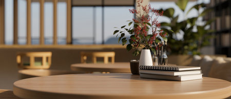Close-up image of copy space for product display, books, and a flower vase on a round wooden table in a minimal cozy room. 3d render, 3d illustrationの写真素材