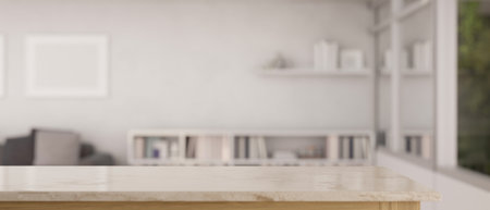 Close-up image of a copy space for product display on an empty marble tabletop with a blurred, minimalist white living room as a background. 3d render, 3d illustrationの写真素材