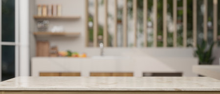 Empty space for your product display on a tabletop with a blurred background of a modern kitchen. 3d...