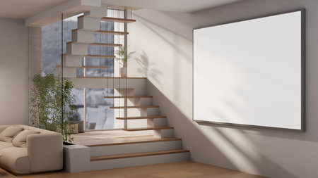 A large poster mockup for display your artwork is on the wall in a modern contemporary home hallway with modern staircases. 3d render, 3d Illustrationの写真素材