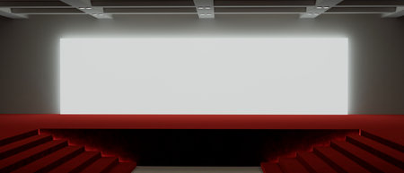 A modern and luxury empty stage mockup with a red carpet floor, ceiling, empty white projector backdrop. concert hall, conference, event stage. 3d render, 3d Illustrationの写真素材