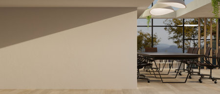 A modern urban company meeting room with a large meeting table, chairs, stylish pendant lights, and...