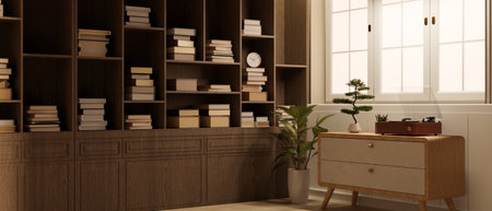 Cozy and contemporary home living room with a record player on a drawer against the window, a large bookshelves, and indoor plants. 3d render, 3d illustrationの写真素材