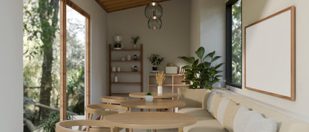 Interior design of a Scandinavian and minimalist coffee shop or restaurant seating area with wooden...