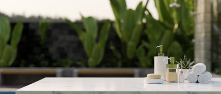 A luxury toiletry set on a luxury white marble tabletop with copy space for displaying your product...