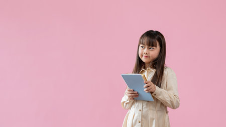 A cute young Asian girl is holding books and looking aside while standing against an isolated pink...
