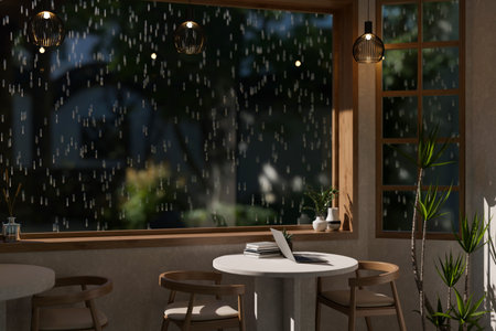 A beautiful and cozy coffee shop or restaurant with a table against the large glass window on a rainy night. 3d render, 3d illustrationの写真素材