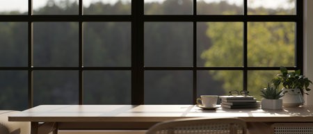 Copy space for product display on a wooden table against the window in a comfortable room....