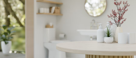 Close-up image of modern minimalist white toiletries set on a minimal wooden table in a modern minimalist bathroom. 3d render, 3d illustrationの写真素材