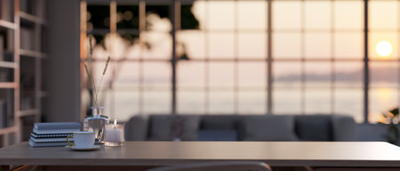 A wooden desk with copy space for displaying your product, a coffee cup, books, a candle, and a ceramic vase in a blurred modern living room in the background. 3d render, 3d illustrationの写真素材