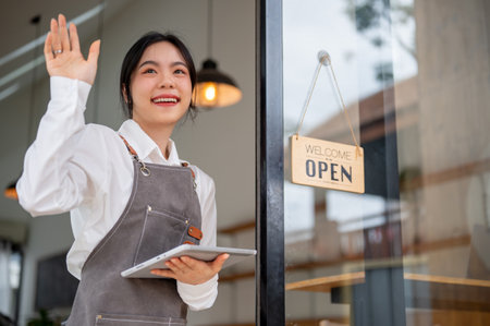A pretty and cheerful Asian female coffee shop worker in an apron stands at the entrance door with a...