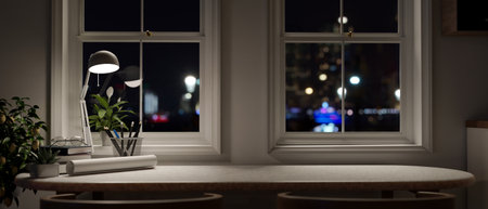Home workspace at night, A copy space on a table against the window with a table lamp, stationary,...